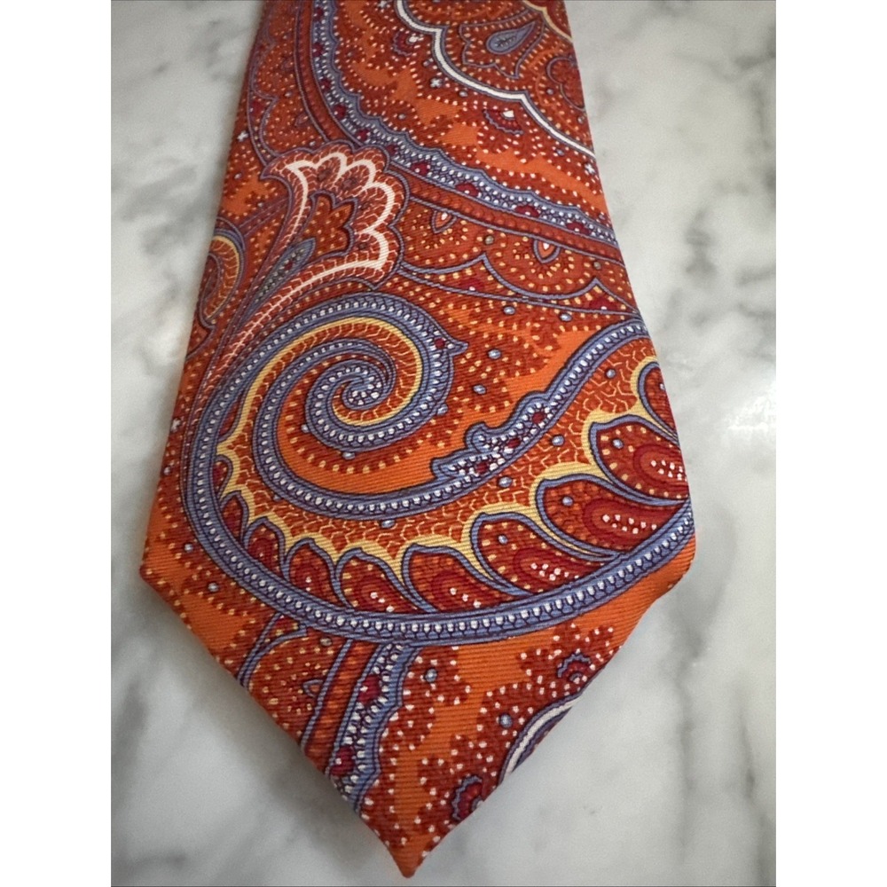 Chaps Handmade Silk Tie Orange &‎ Blue Paisley / Floral 3.5" Necktie